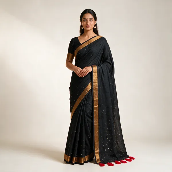 Black_Mul_Cotton_Sequin_Embellished_Golden_Border_Saree_For_Women