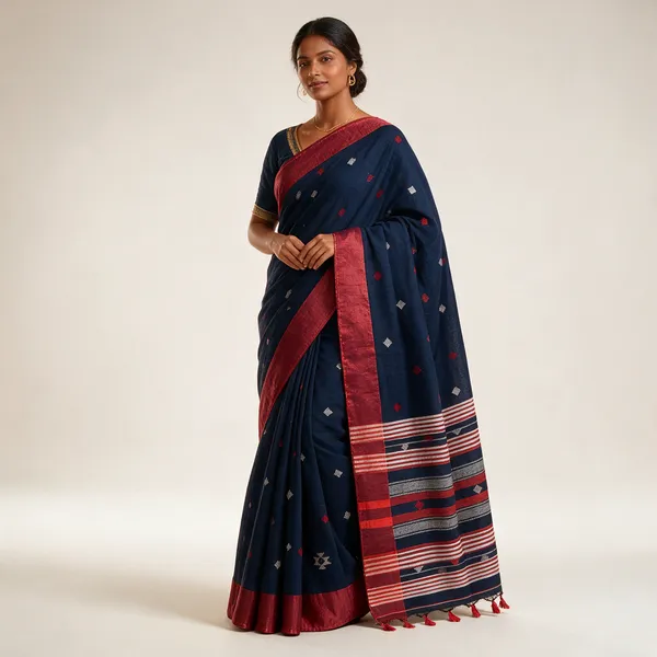 Navy_Blue_Khadi_Jamdani_Woven_Striped_Motif_Saree_For_Women