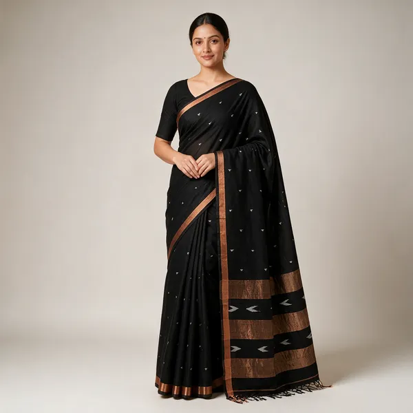 Black_Cotton_Handwoven_Motif_Copper_Border_Saree_For_Women