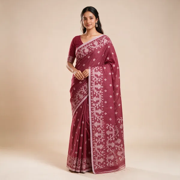 Maroon_Khadi_Jamdani_Traditional_Motif_Saree_For_Women