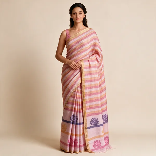 Pink_Stripe_Linen_Floral_Printed_Saree_For_Women