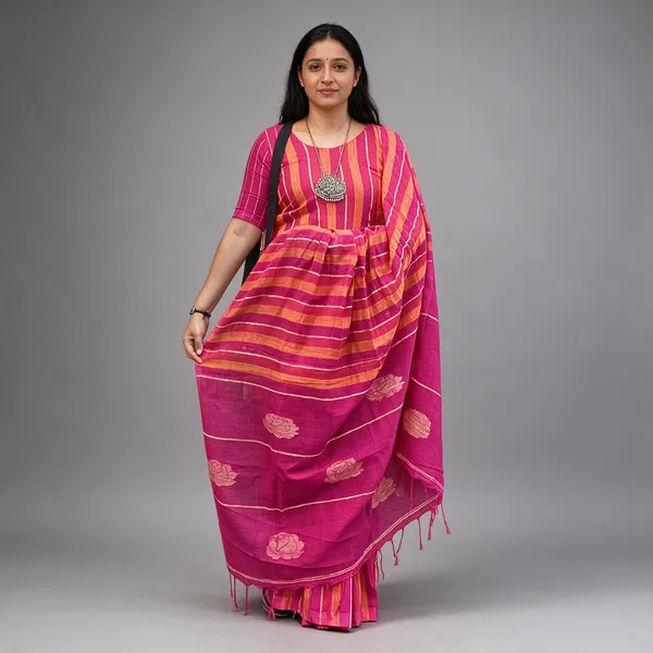 Pink_Stripe_Linen_Floral_Woven_Saree_For_Women