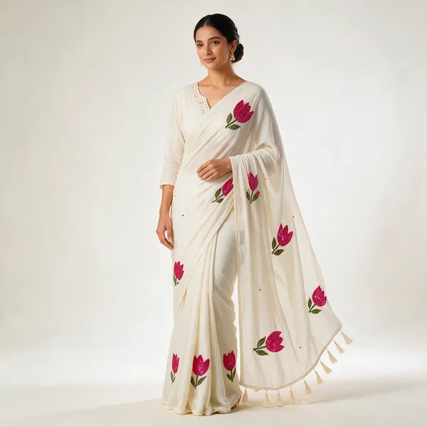 White_Mul_Cotton_Floral_Sequin_Embroidered_Saree_For_Women