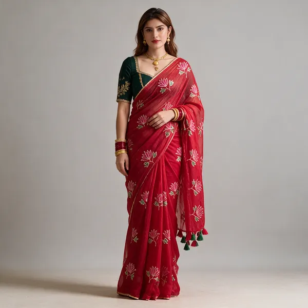 Red_Mul_Cotton_Lotus_Floral_Embroidered_Saree_For_Women