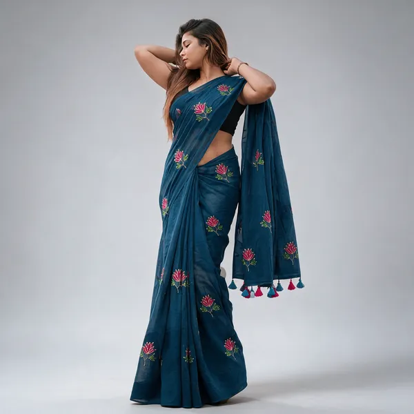 Teal_Mul_Cotton_Embroidered_Floral_Saree_For_Women