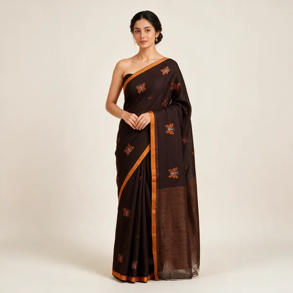 Brown_Cotton_Handwoven_Butterfly_Motif_Saree_For_Women