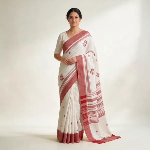 White_Khadi_Jamdani_Handloom_Striped_Saree_For_Women
