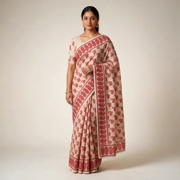 Cream_Jamdani_Silk_Floral_Print_Saree_For_Women