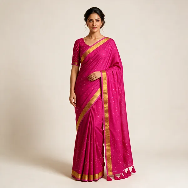 Magenta_Mul_Cotton_Sequin_Gold_Border_Saree_For_Women