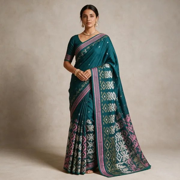 Teal_Woven_Ethnic_Saree_For_Women