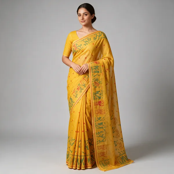 Yellow_Jamdani_Silk_Floral_Print_Saree_For_Women