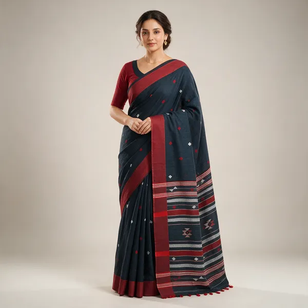 Navy_Blue_Khadi_Jamdani_Geometric_Motif_Saree_For_Women