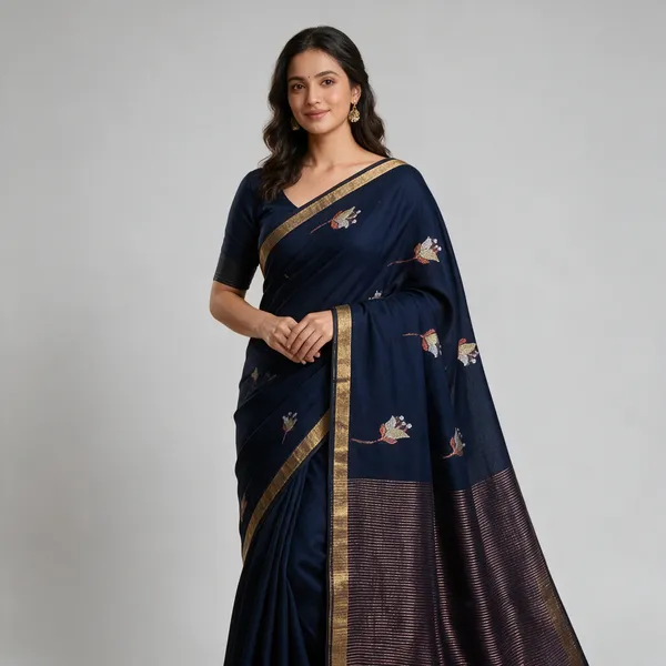 Navy_Blue_Jamdani_Silk_Motif_Border_Saree_For_Women