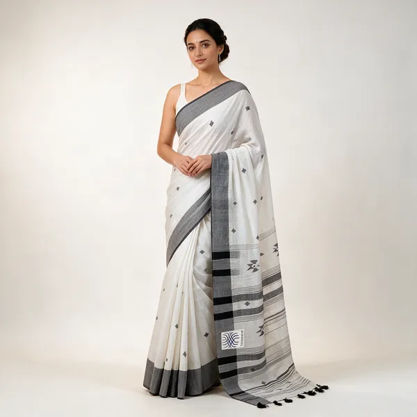 White_Black_Cotton_Handwoven_Striped_Saree_For_Women