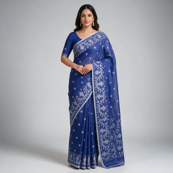 Blue_Khadi_Jamdani_Geometric_Woven_Saree_For_Women