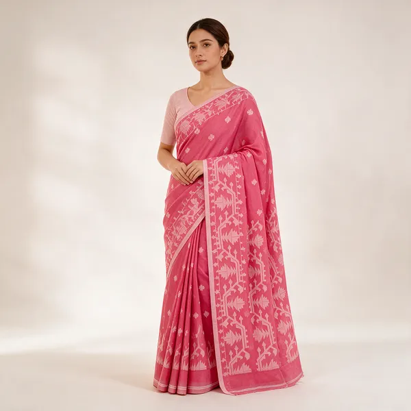 Pink_Khadi_Jamdani_Floral_Geometric_Print_Saree_For_Women