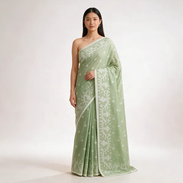 Light_Green_Cotton_Jamdani_Woven_Floral_Pattern_Saree_For_Women