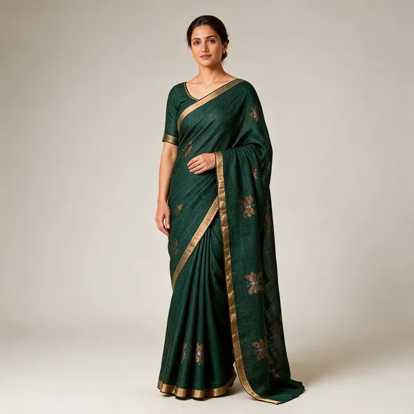 Teal_Handwoven_Cotton_Floral_Motif_Gold_Border_Saree_For_Women