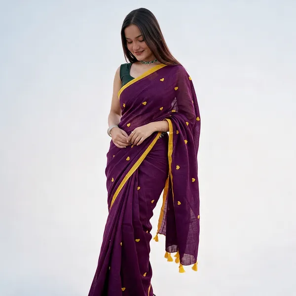 Purple_Mul_Cotton_Embroidery_Heart_Print_Yellow_Border_Saree_For_Women