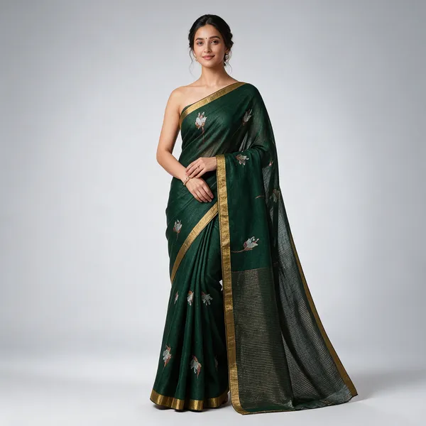 Green_Cotton_Handwoven_Floral_Motif_Saree_For_Women