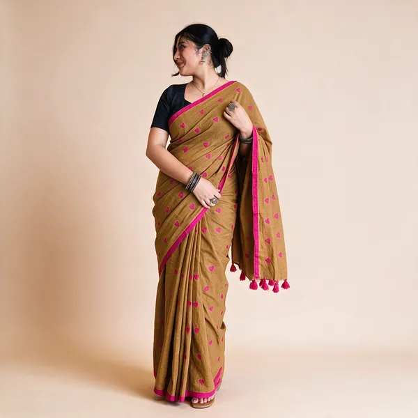 Mustard_Mul_Cotton_Embroidery_Pink_Border_Printed_Saree_For_Women