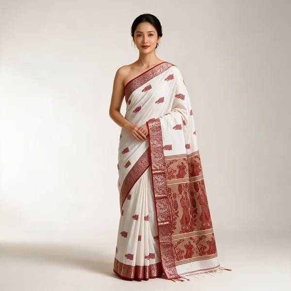 White_Maroon_Cotton_Jamdani_Woven_Motif_Traditional_Saree_For_Women
