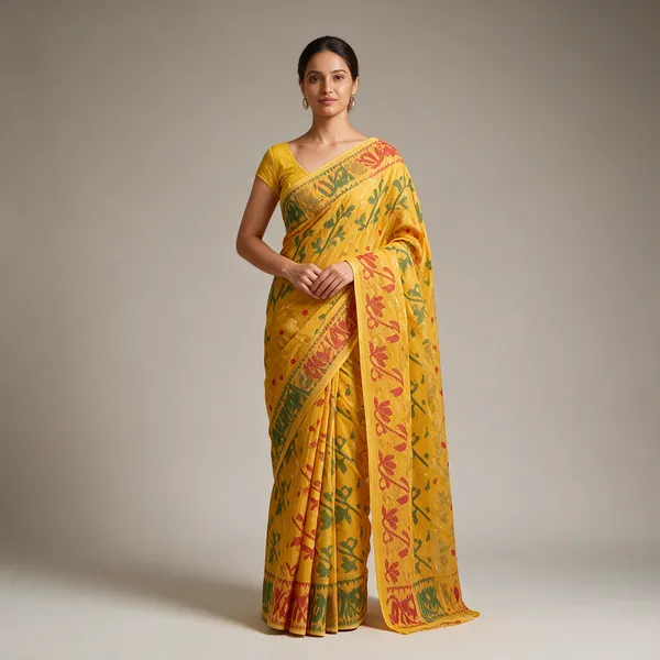 Yellow_Jamdani_Silk_Floral_Print_Saree_For_Women