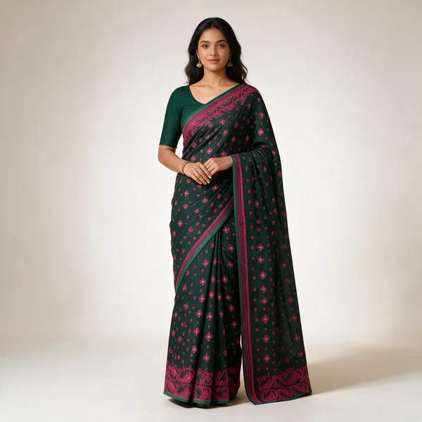 Green_Jamdani_Silk_Floral_Print_Saree_For_Women