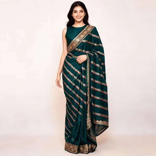 Teal_Katan_Silk_Zari_Work_Diagonal_Stripe_Banarasi_Saree_For_Women