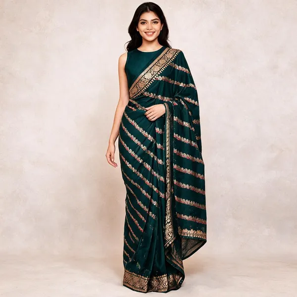 Teal_Katan_Silk_Zari_Work_Diagonal_Stripe_Banarasi_Saree_For_Women