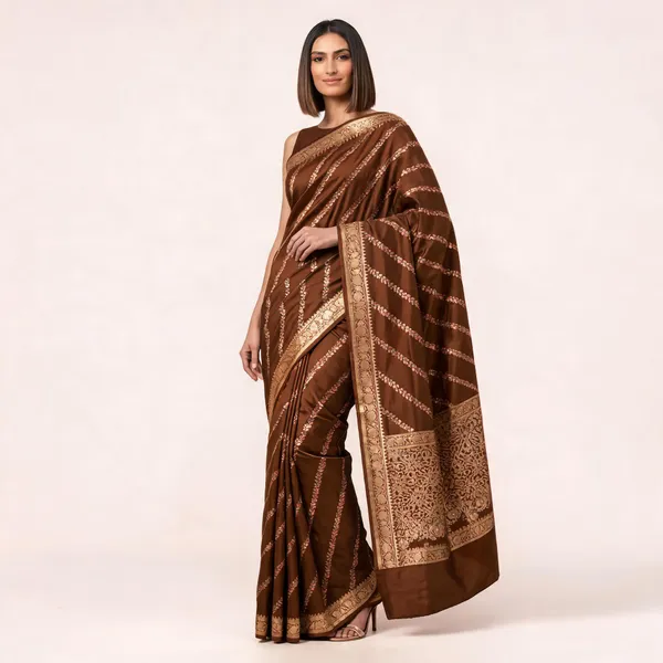 Brown_Katan_Silk_Zari_Work_Diagonal_Stripe_Banarasi_Saree_For_Women