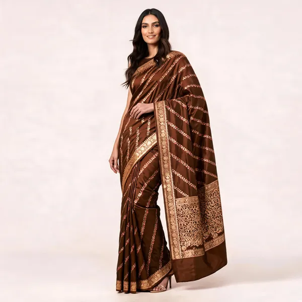 Brown_Katan_Silk_Zari_Work_Diagonal_Stripe_Banarasi_Saree_For_Women