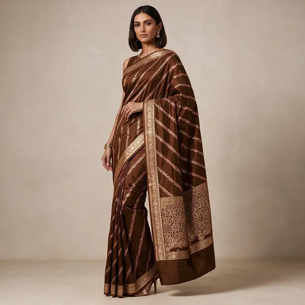 Brown_Katan_Silk_Zari_Work_Diagonal_Stripe_Banarasi_Saree_For_Women