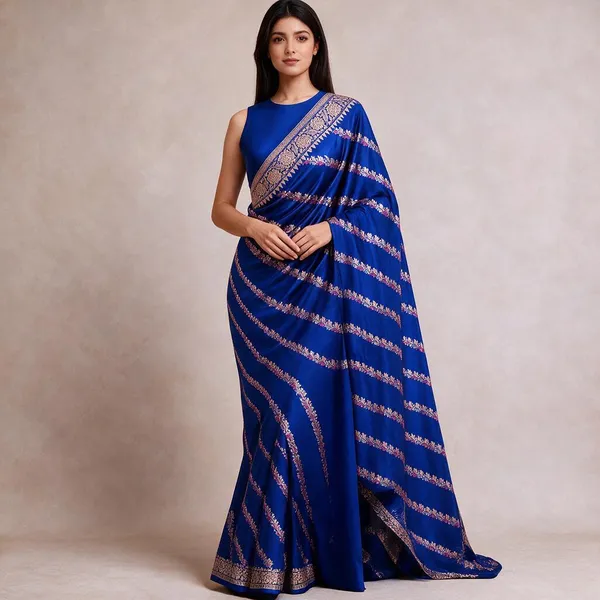Blue_Katan_Silk_Zari_Work_Diagonal_Stripe_Banarasi_Saree_For_Women