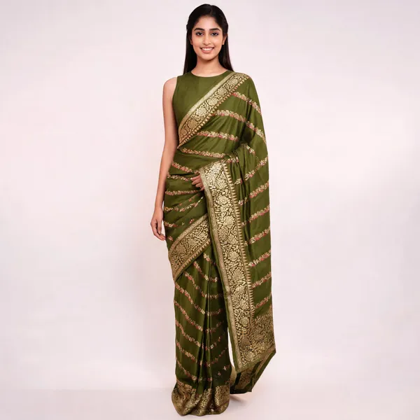 Olive_Green_Katan_Silk_Zari_Work_Diagonal_Stripe_Banarasi_Saree_For_Women