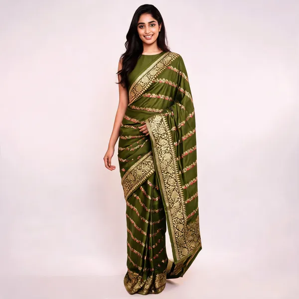 Olive_Green_Katan_Silk_Zari_Work_Diagonal_Stripe_Banarasi_Saree_For_Women