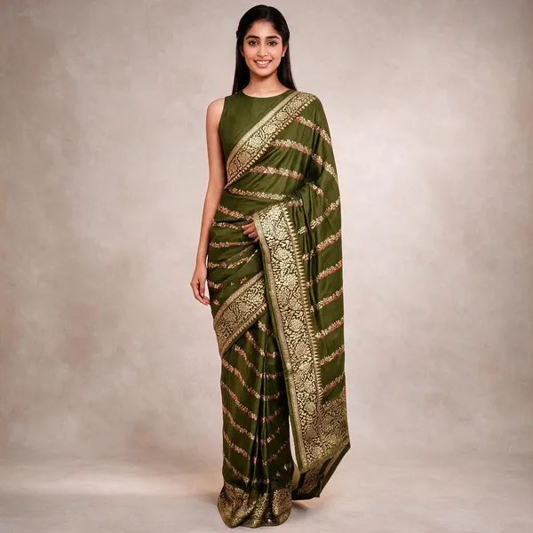 Olive_Green_Katan_Silk_Zari_Work_Diagonal_Stripe_Banarasi_Saree_For_Women