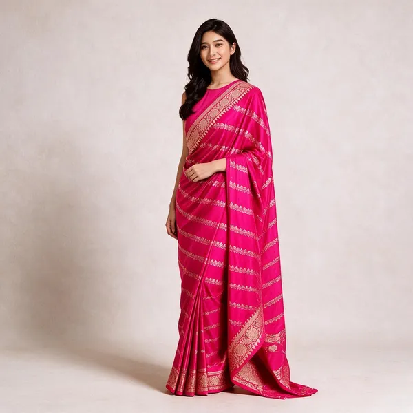 Magenta_Katan_Silk_Zari_Work_Diagonal_Stripe_Banarasi_Saree_For_Women
