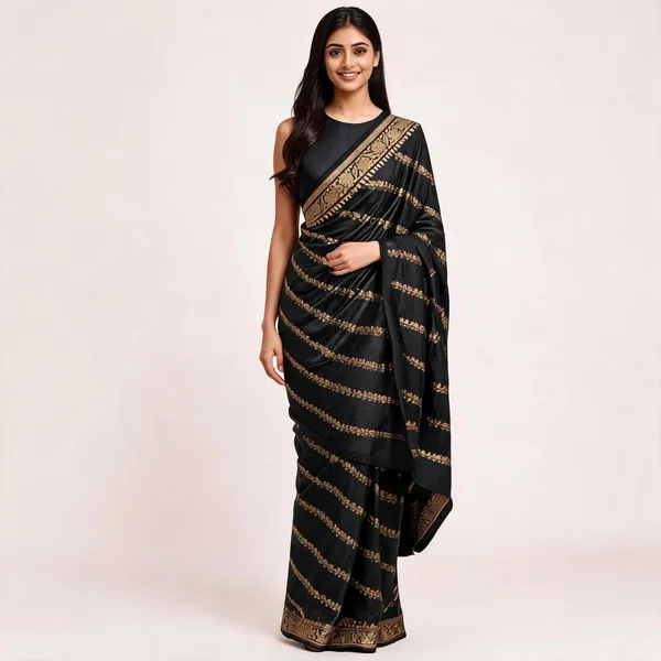 Black_Katan_Silk_Zari_Work_Diagonal_Stripe_Banarasi_Saree_For_Women