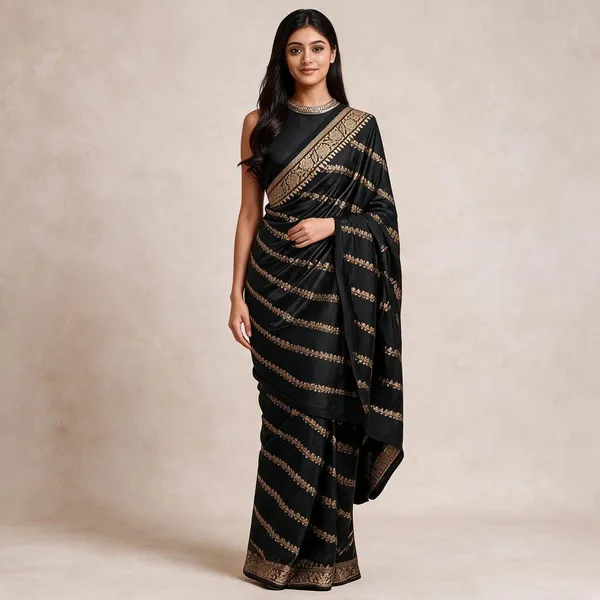 Black_Katan_Silk_Zari_Work_Diagonal_Stripe_Banarasi_Saree_For_Women