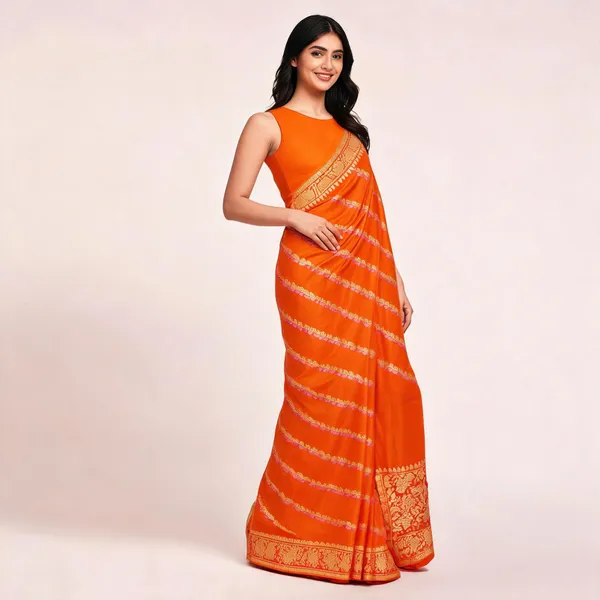 Orange_Katan_Silk_Zari_Work_Diagonal_Stripe_Banarasi_Saree_For_Women