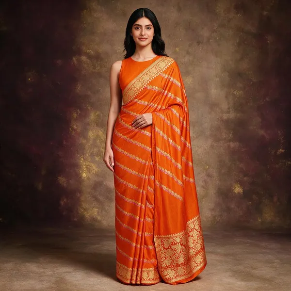 Orange_Katan_Silk_Zari_Work_Diagonal_Stripe_Banarasi_Saree_For_Women