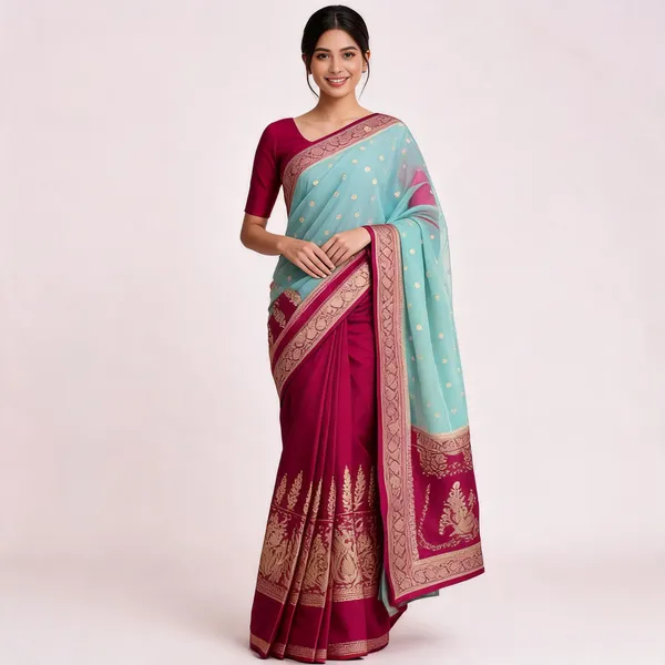 Turquoise_Kora_Organza_Zari_Work_Buti_Banarasi_Saree_For_Women