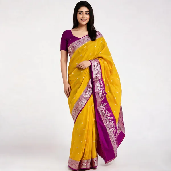 Yellow_Kora_Organza_Zari_Work_Buti_Banarasi_Saree_For_Women