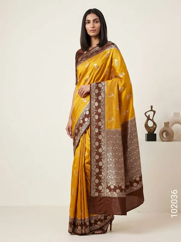 Yellow_Woven_Floral_Border_Cotton_Silk_Saree