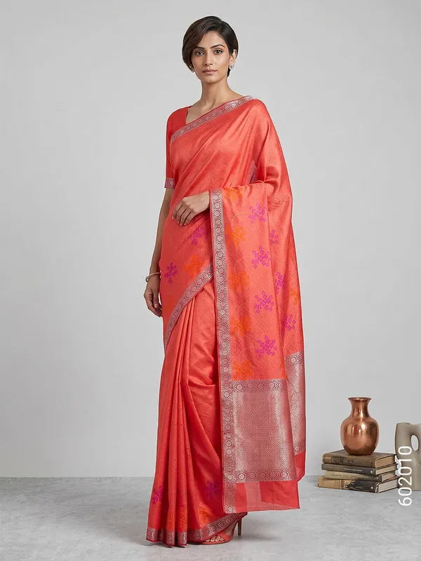Orange_Floral_Print_Cotton_Silk_Saree