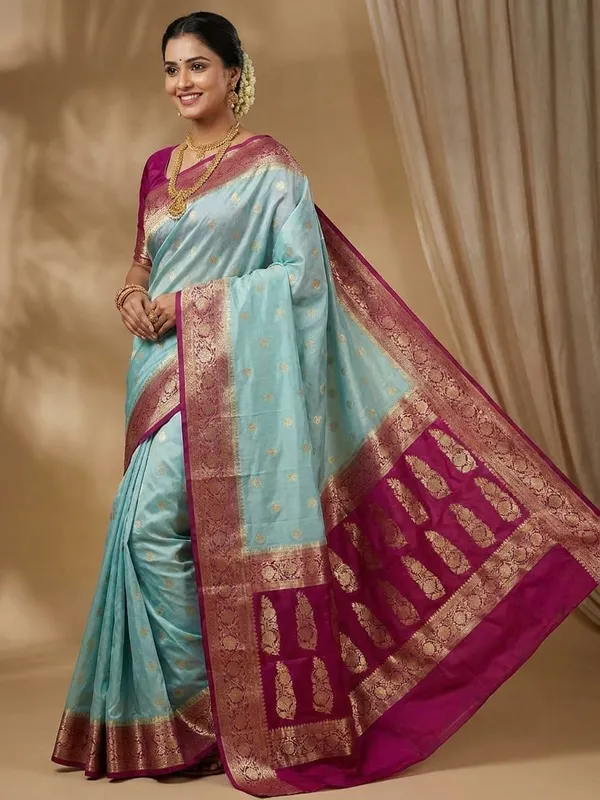 Turquoise_Kora_Organza_Zari_Work_Buti_Banarasi_Saree_For_Women