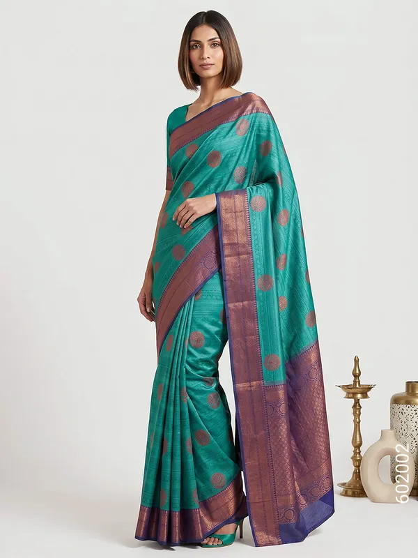Teal_Woven_Patterned_Cotton_Silk_Saree