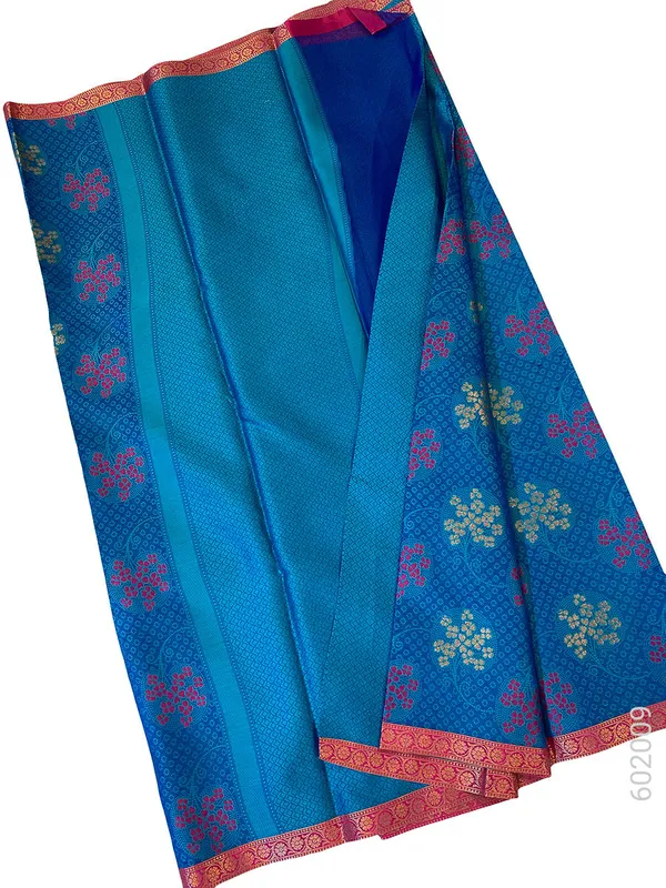 Blue_Textured_Floral_Print_Cotton_Silk_Saree