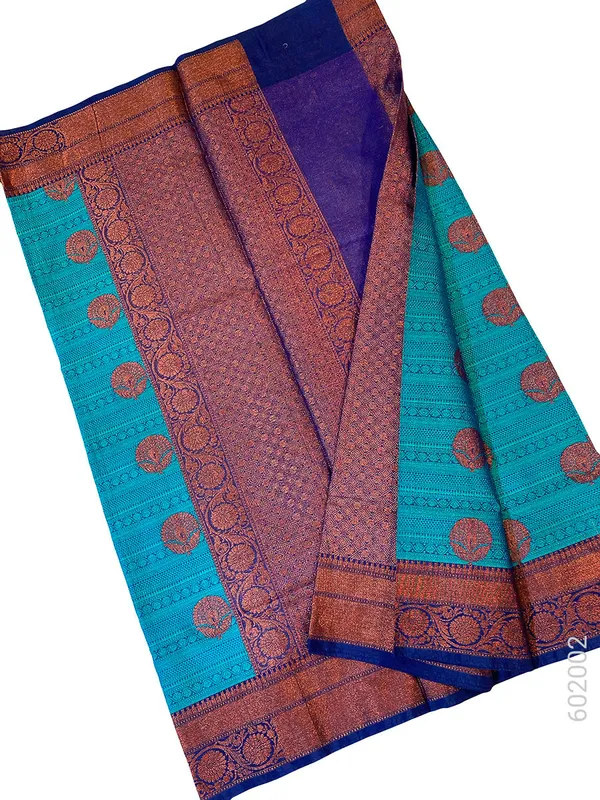 Teal_Woven_Patterned_Cotton_Silk_Saree